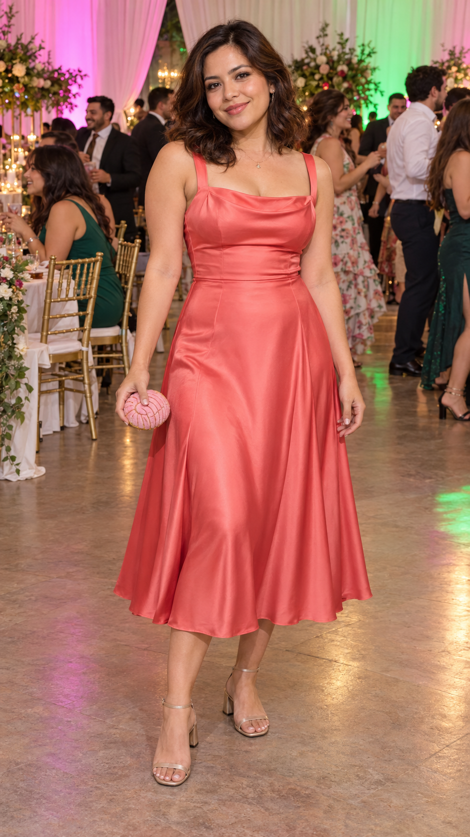 Fictional adult woman in a coral evening dress, the source photo for the Party Glow sample