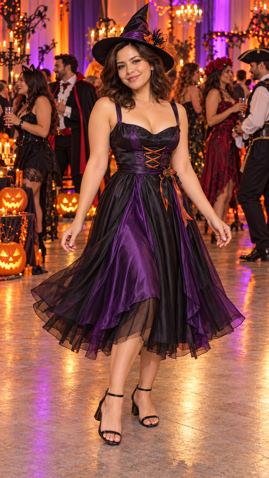 Full-body reference of the fictional adult in a black-and-purple witch dress, with hat and both shoes visible
