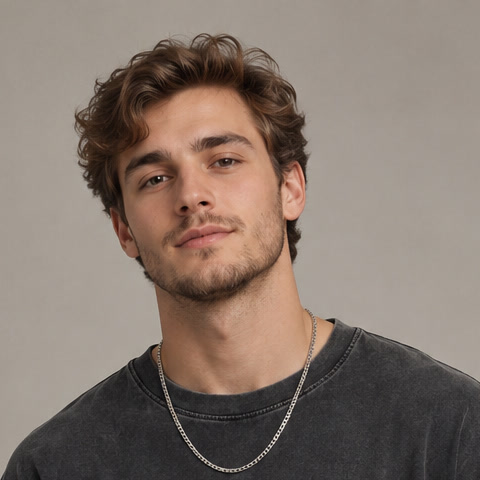 Clear headshot of a fictional adult man, with shoulders visible