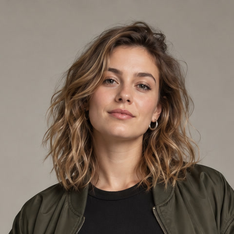 Clear headshot of a fictional adult woman, with shoulders visible